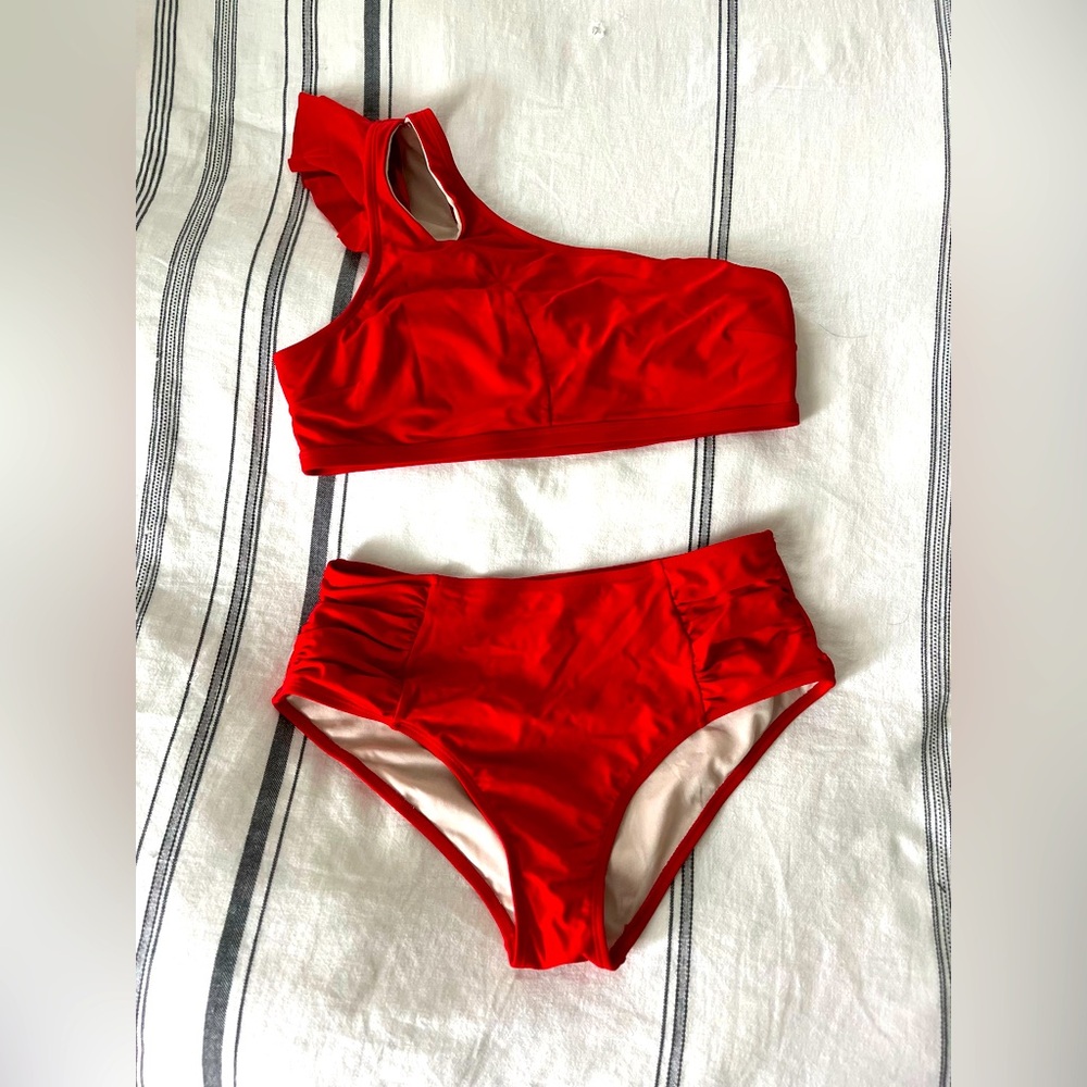 CUPSHE Women's Bikini Set Red Two Piece High Waisted Ruffle Cutout One Shoulder